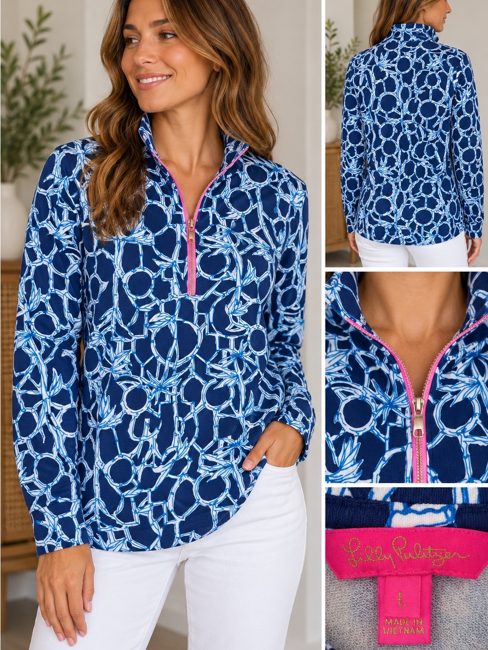 Lilly Pulitzer Navy Blue Print Quarter Zip Pullover Pink Zipper Size L